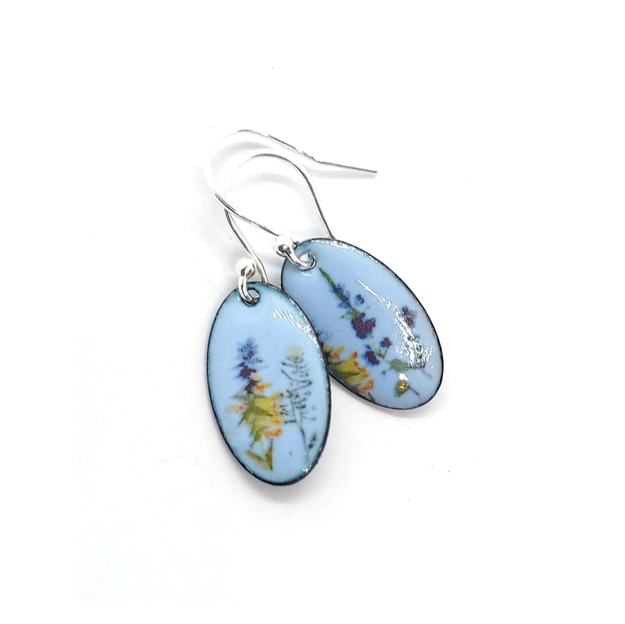 Light blue enamel Wild Flower oval drop earrings
