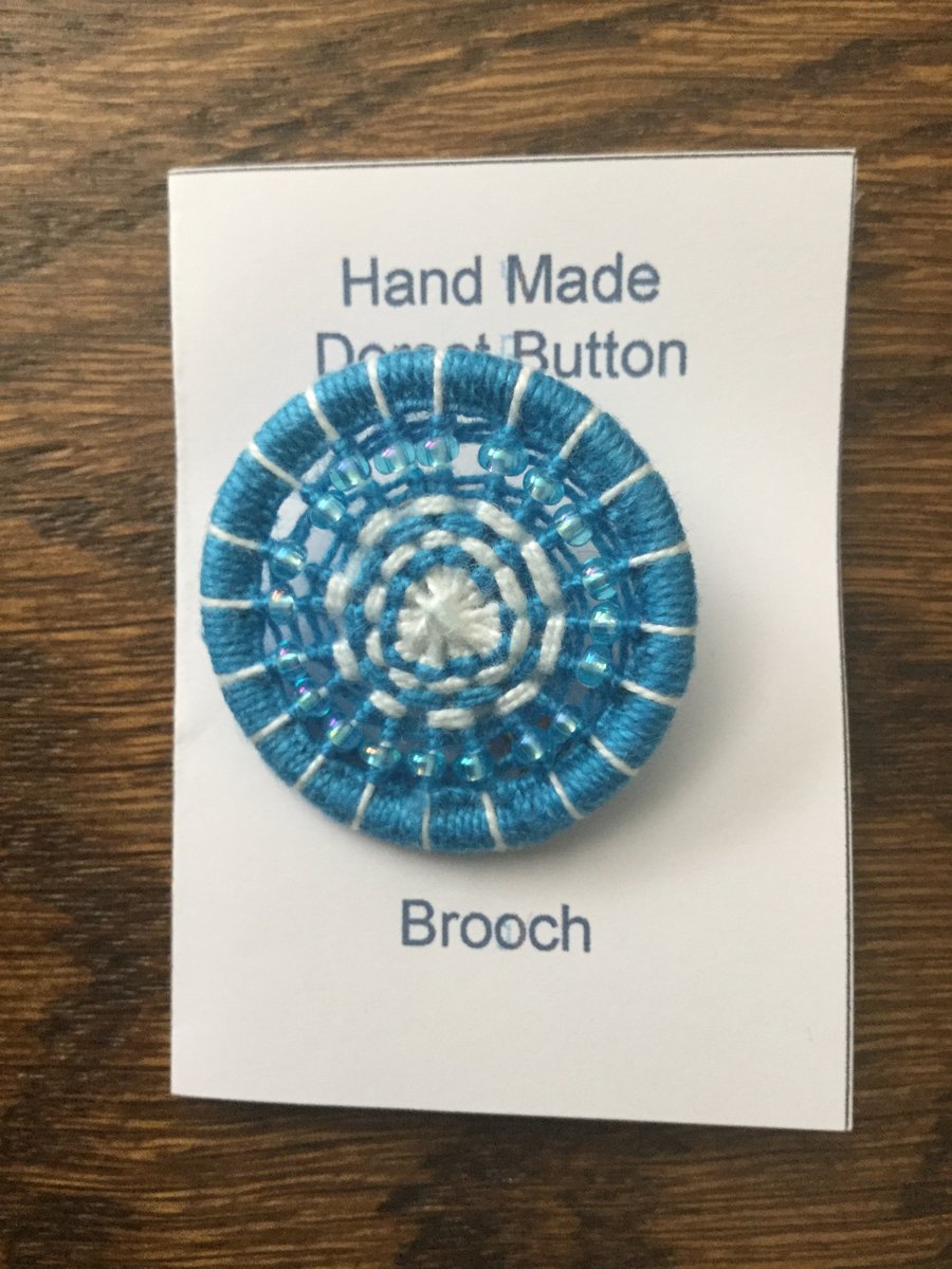 Beaded Dorset Button Brooch, Turquoise and White, B13