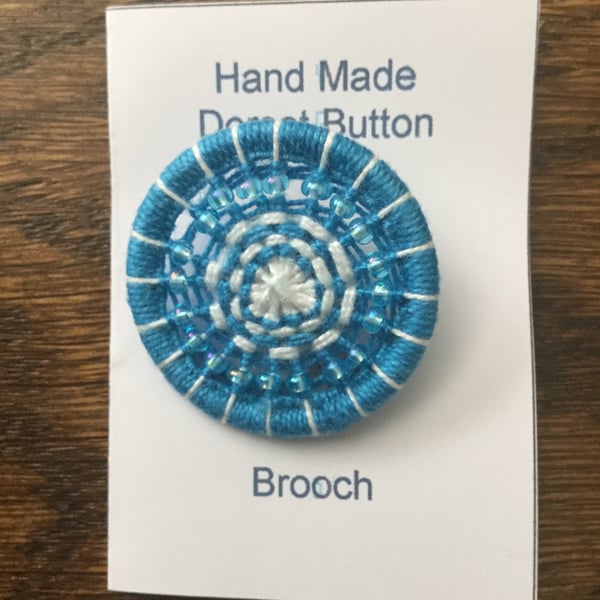 Beaded Dorset Button Brooch, Turquoise and White, B13