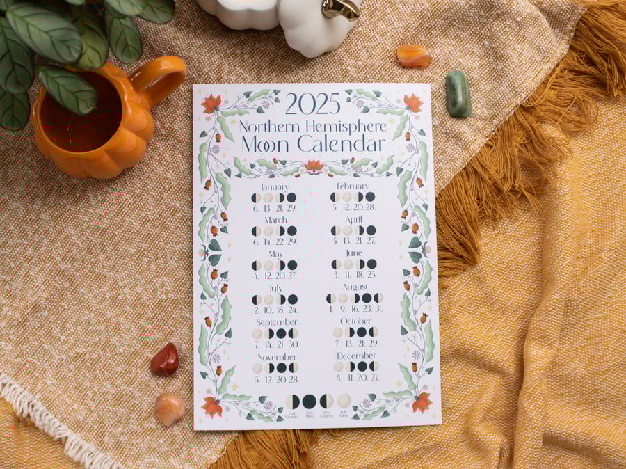 2025 Moon Calendar - Illustrated Lunar A4 Wall Art - Northern Hemisphere
