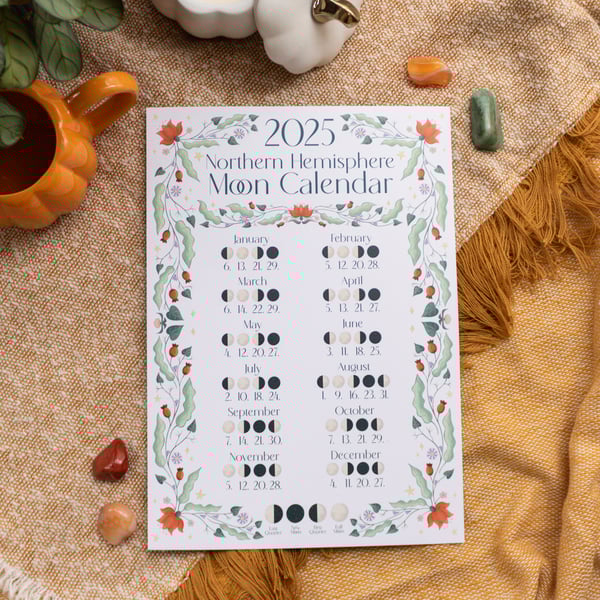 2025 Moon Calendar - Illustrated Lunar A4 Wall Art - Northern Hemisphere