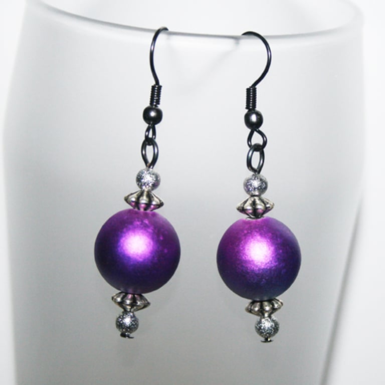 Purple Bead Earrings - Silver Sparkle Drop Earrings