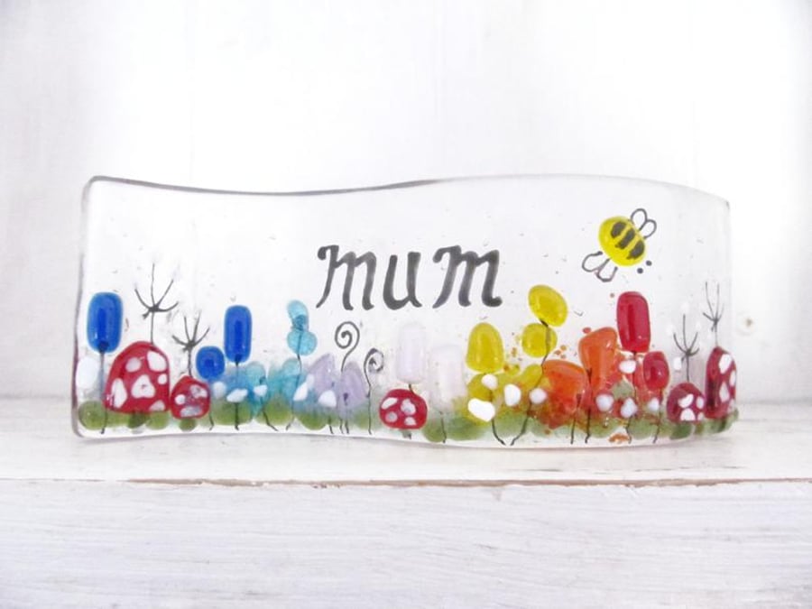 Personalised Mum Fused Glass MINI Wave (Toadstool Meadow) - Made to Order