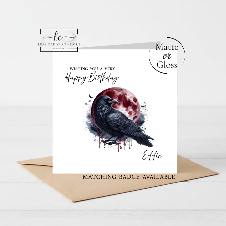 Crow & Red Moon Happy Birthday Card