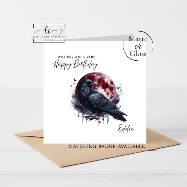 Crow & Red Moon Happy Birthday Card
