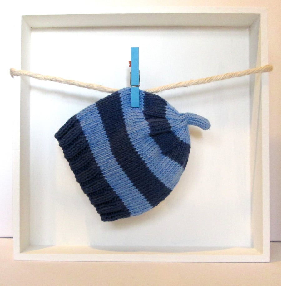 Baby Hat in Navy Blue & Sky Blue Stripes Size 3 - 6 Months 