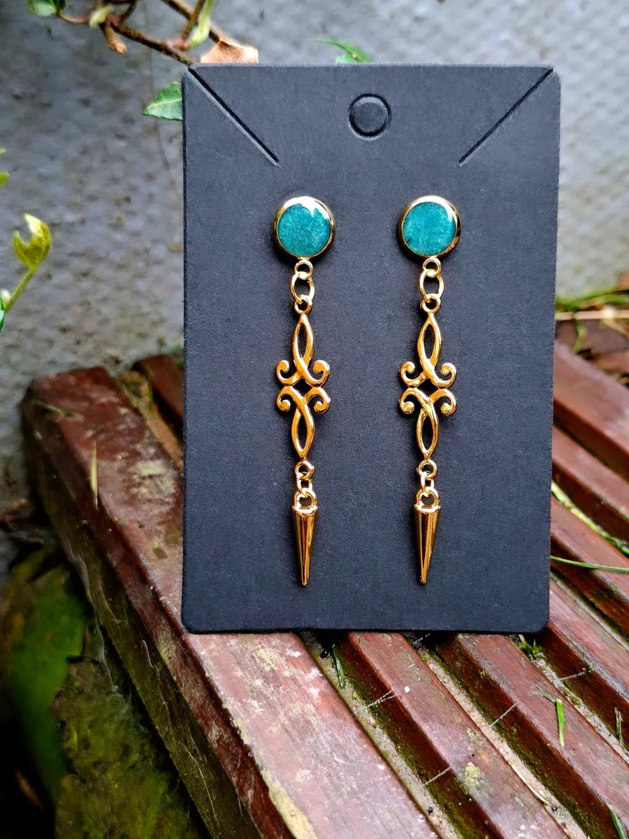 Gothic green dangly ornate earrings punk spike emo 