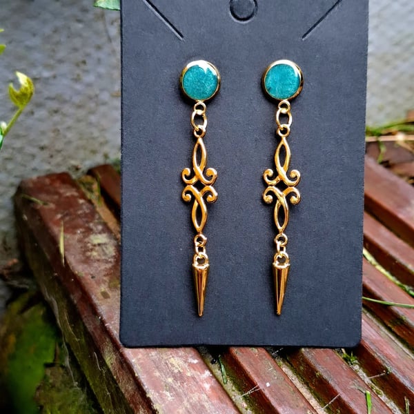 Gothic green dangly ornate earrings punk spike emo 