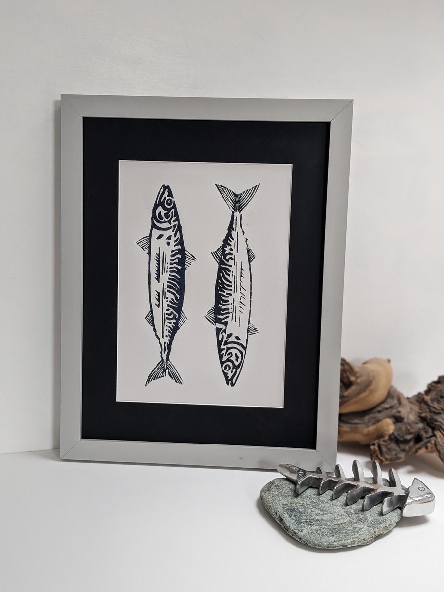 Handmade Original Linocut print Print 'Mackerel' nautical gift