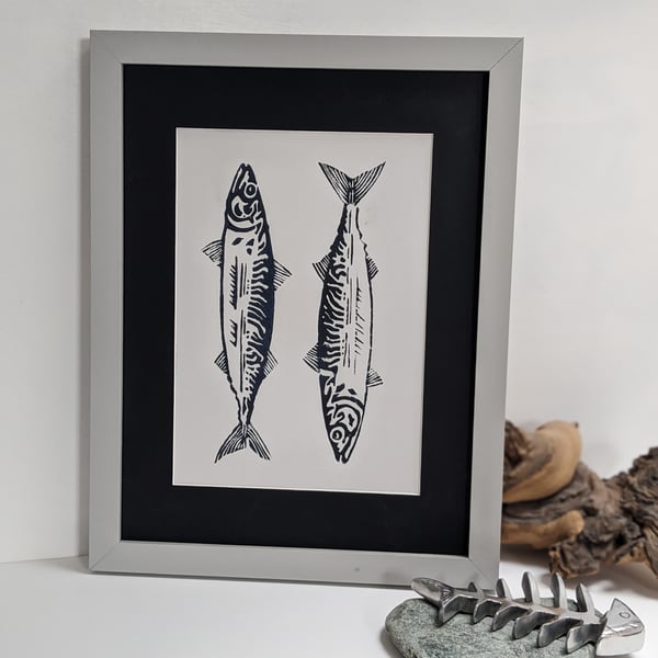 Handmade Original Linocut print Print 'Mackerel' nautical gift