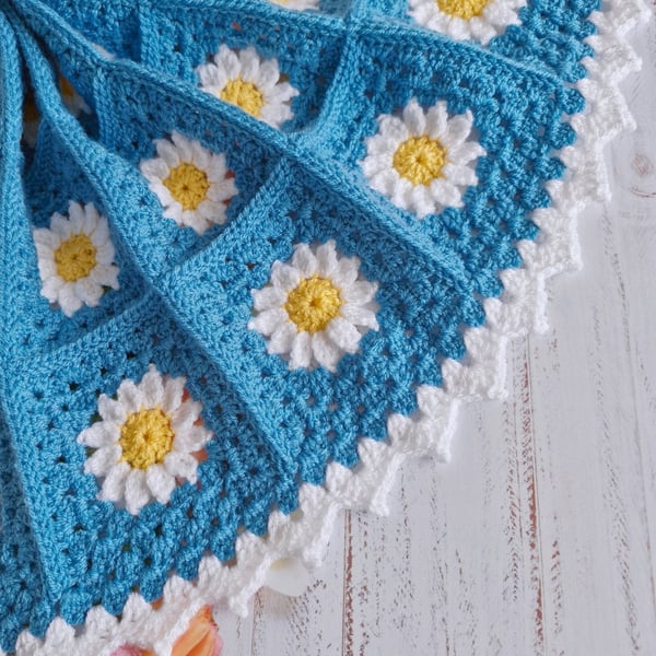 Crochet Daisy Baby Blanket - Cornish Blue Newborn Keepsake Gift