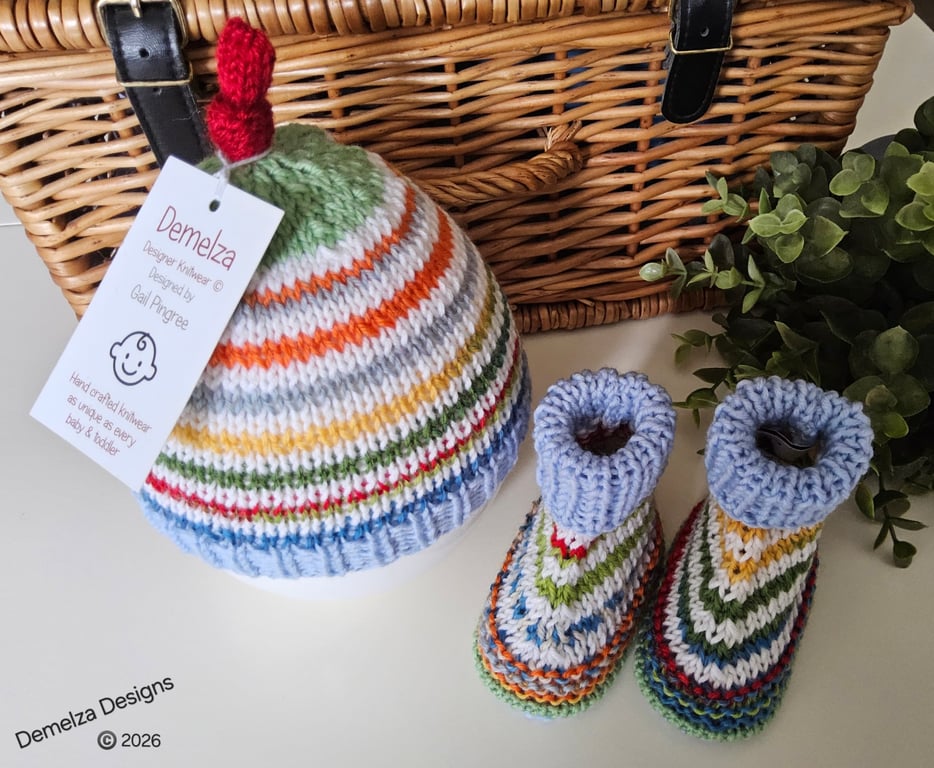 Designer Baby Pure Merino Wool Hand Knitted Booties & Hat Set 0-3 size mths 