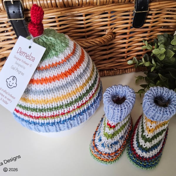 Designer Baby Pure Merino Wool Hand Knitted Booties & Hat Set 0-3 size mths 