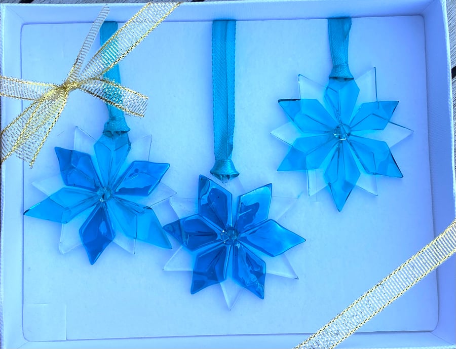 Pretty turquoise fused glass Christmas decorations gift boxed 