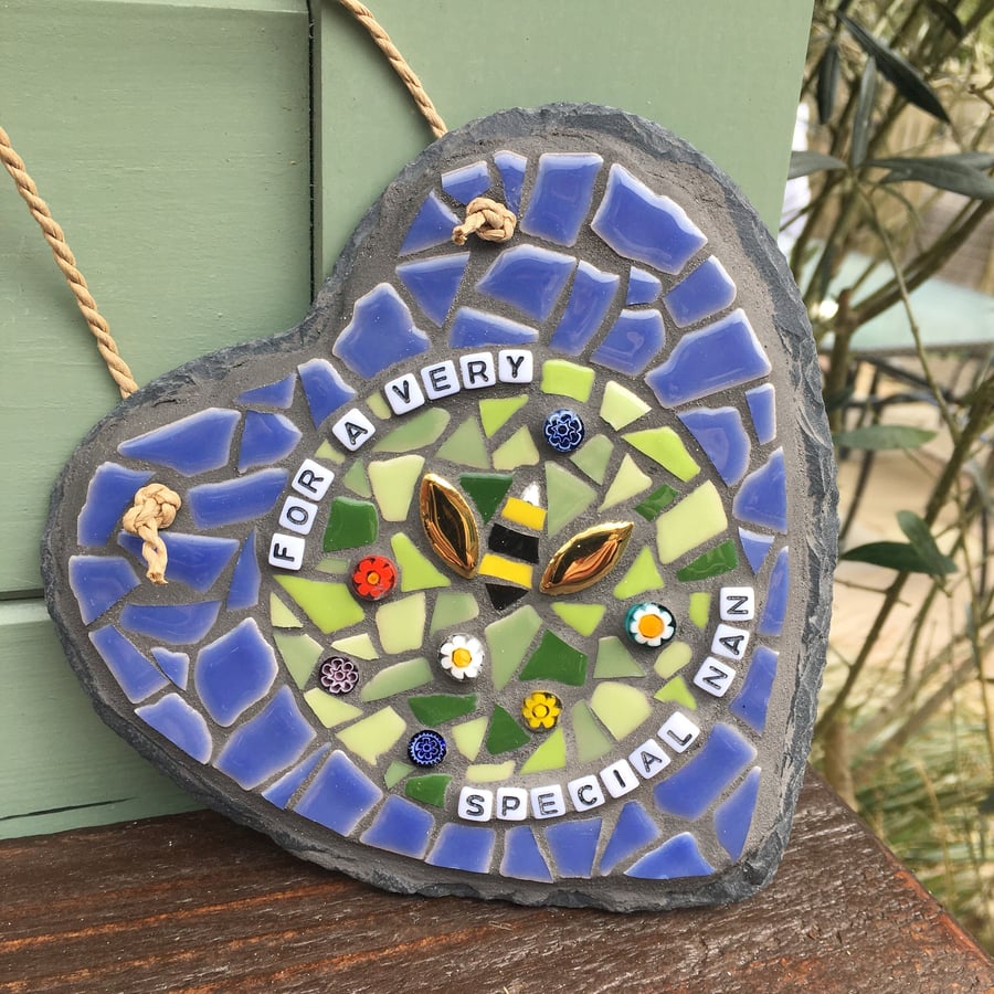 Personalised Special Nan Bee Mosaic Hanging Slate Heart
