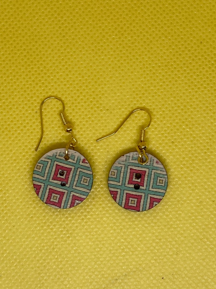 Small Dangle Wooden Button Earrings 