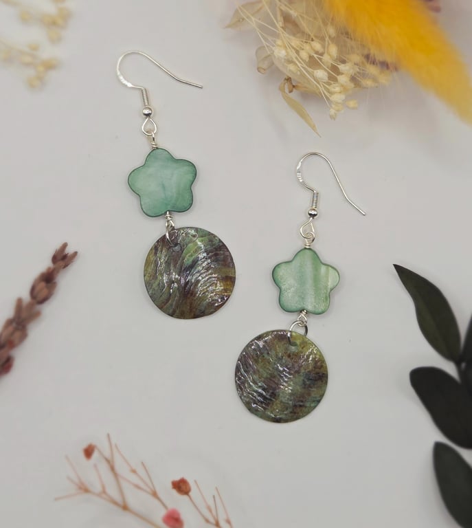 Mother of pearl and shell dangle earrings, sterling silver hooks