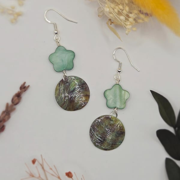Mother of pearl and shell dangle earrings, sterling silver hooks