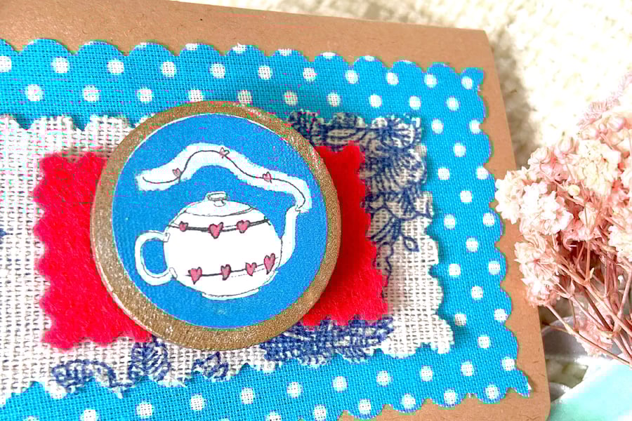 Wooden teapot brooch with golden edge comes gift wrapped