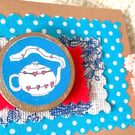 Wooden teapot brooch with golden edge comes gift wrapped