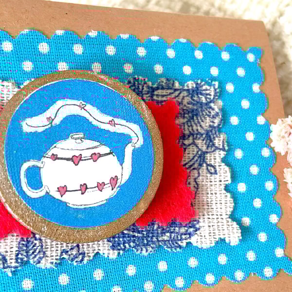 Wooden teapot brooch with golden edge comes gift wrapped