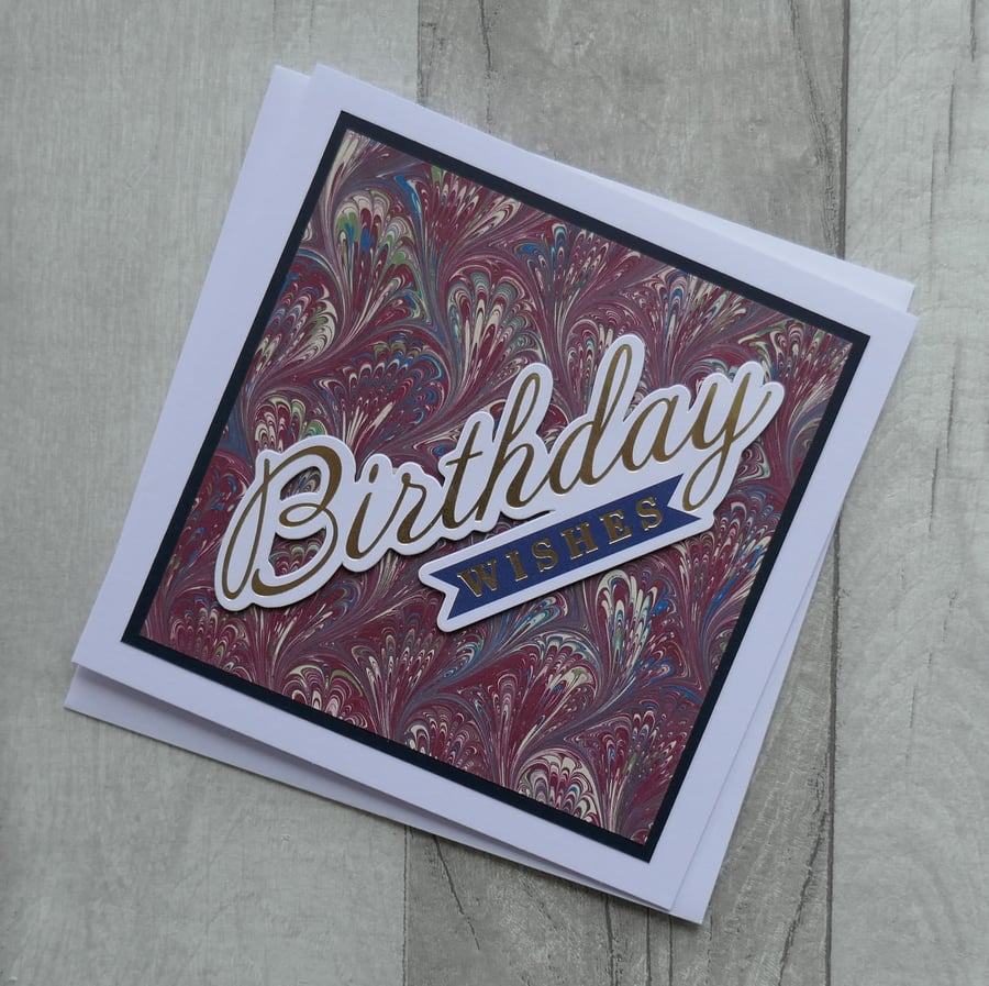 Maroon, Blue & Green Marbled Upcycled Birthday Card - Birthday Wishes
