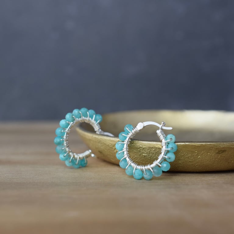 Amazonite Gemstone Hoop Earrings in Sterling Silver - Boho Crystal Small Hoops