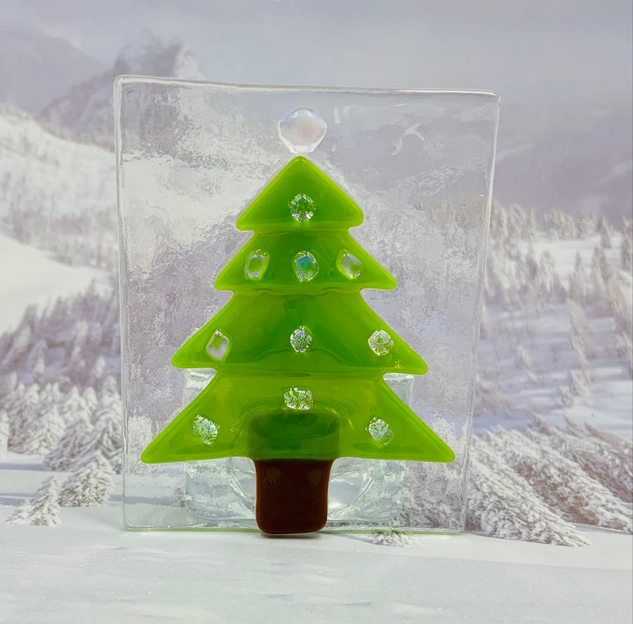 Christmas Tree Hand fused Glass with dichroic Tea Light holder. (With tea light)