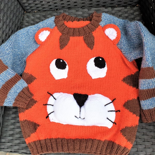 Child's Hand Knit Sweater With Cute Tiger Face