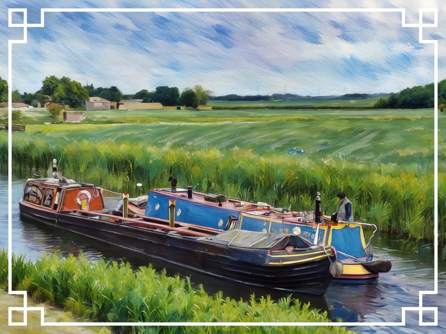 Narrow Boats Being Towed on Well Creek  A5 Greeting Card Norfolk 