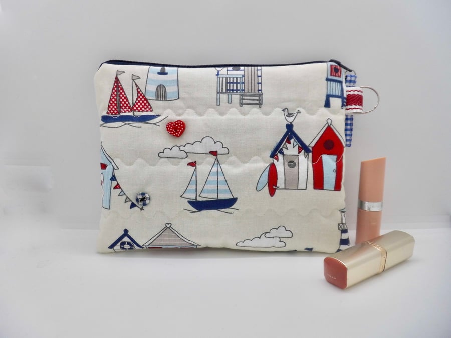 Make up bag large nautical seaside theme red white and blue.