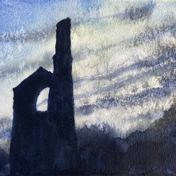 Cornish Engine House at Dusk – original watercolour painting, unframed