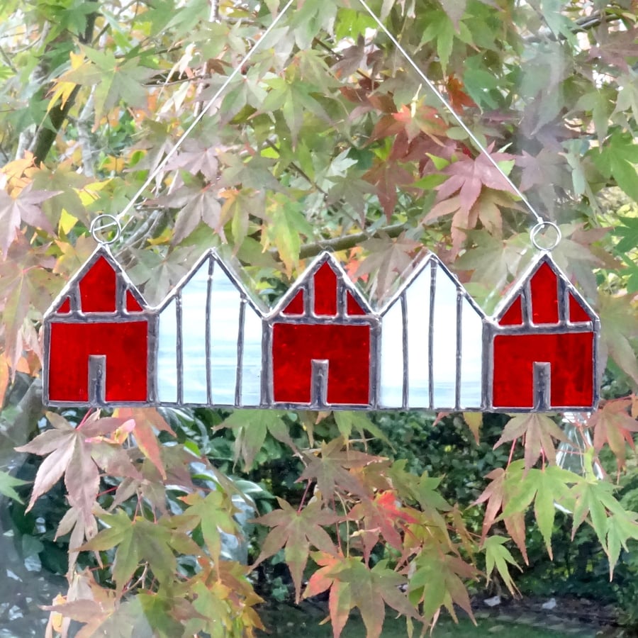 Stained Glass Suncatcher Beach Huts - Red and White