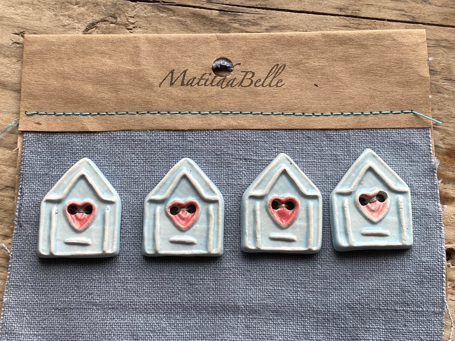 Handmade Ceramic Bird House Buttons set of Four