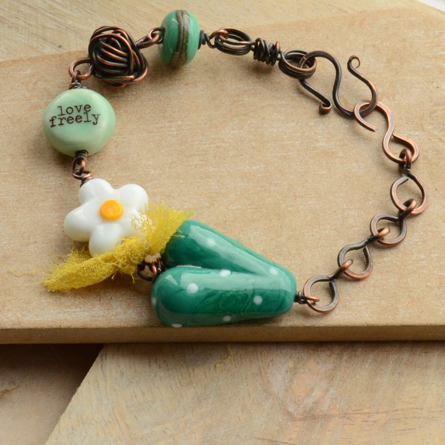 Copper Bracelet with Teal Polka Dot Lampwork Heart, Love Freely Bead & Daisy