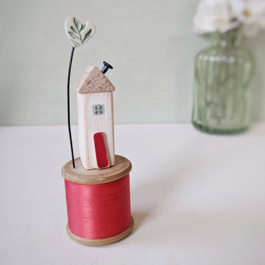 Wooden House on a Vintage Bobbin with Clay Heart