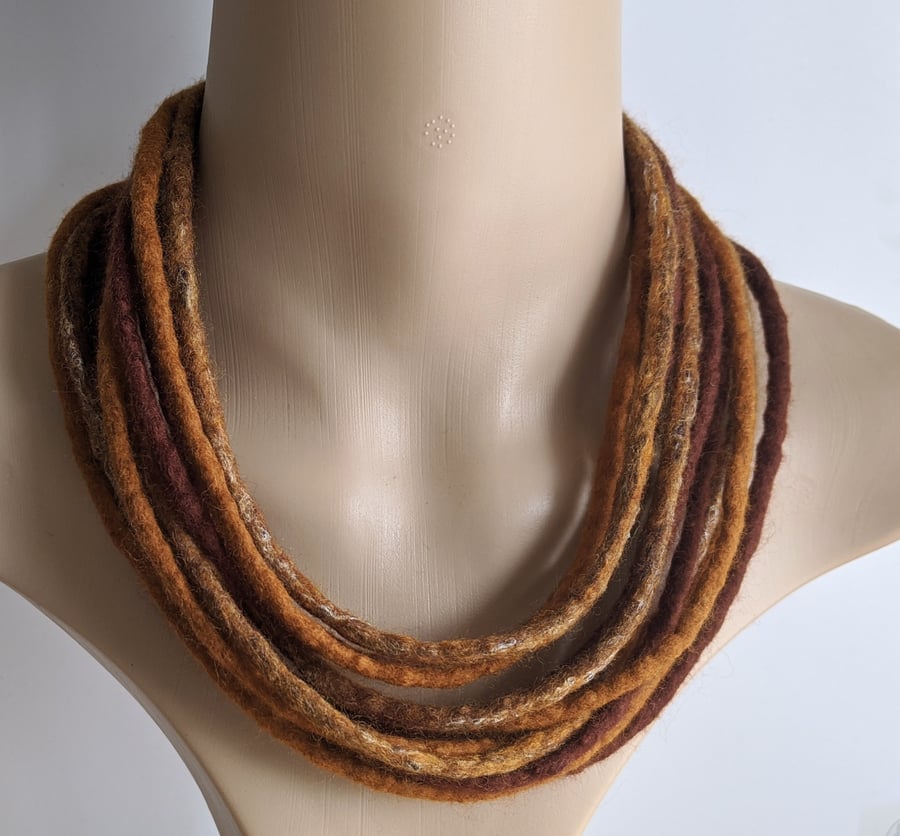Felted cord necklace in shades of autumn browns 