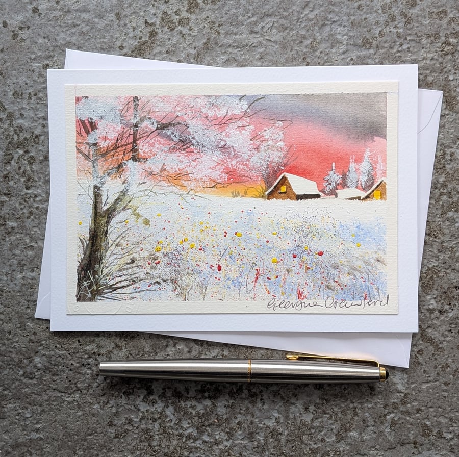 Winter Sunset. Blank Card. With Glitter. Handpainted 260223