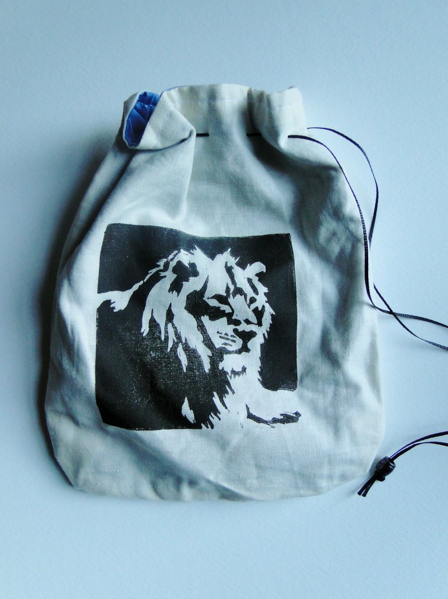 Sale Hand Printed Lion Cream Drawstring Bag Purse