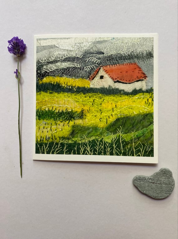 Yellow fields grey sky, original art print card 