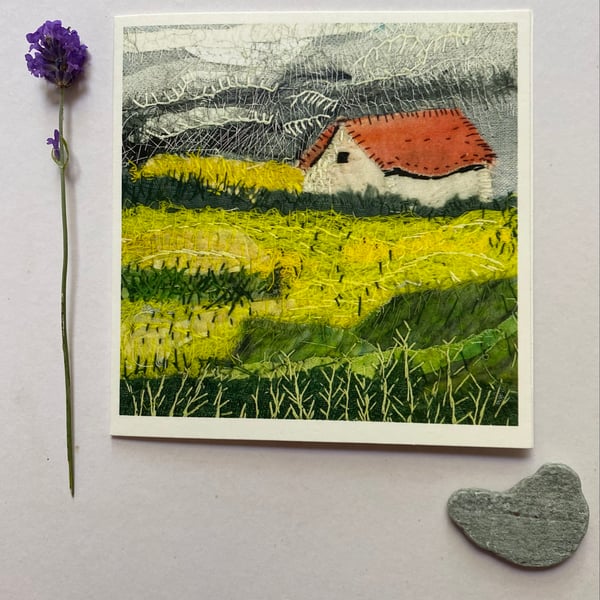 Yellow fields grey sky, original art print card 