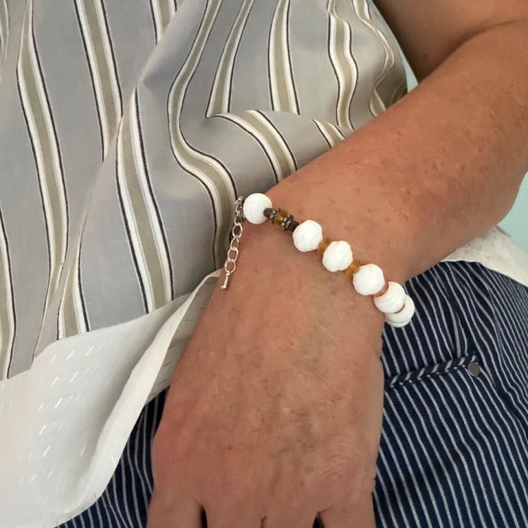 Glass bead bracelet in crisp white vintage beads with extension chain