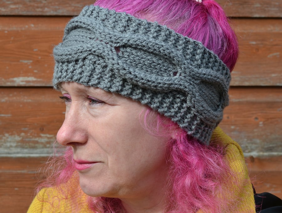 Grey Cable Knitted Headband Ear, Cable Adult Warmer Chunky Knit Hairband