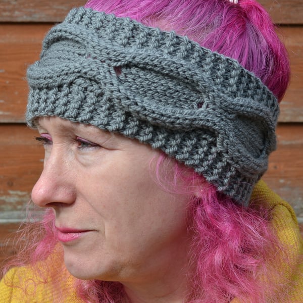 Grey Cable Knitted Headband Ear, Cable Adult Warmer Chunky Knit Hairband
