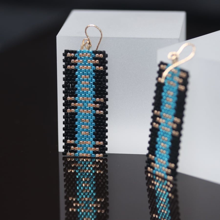 Rectangular Beaded Earrings in Black, Gold and Metallic Teal
