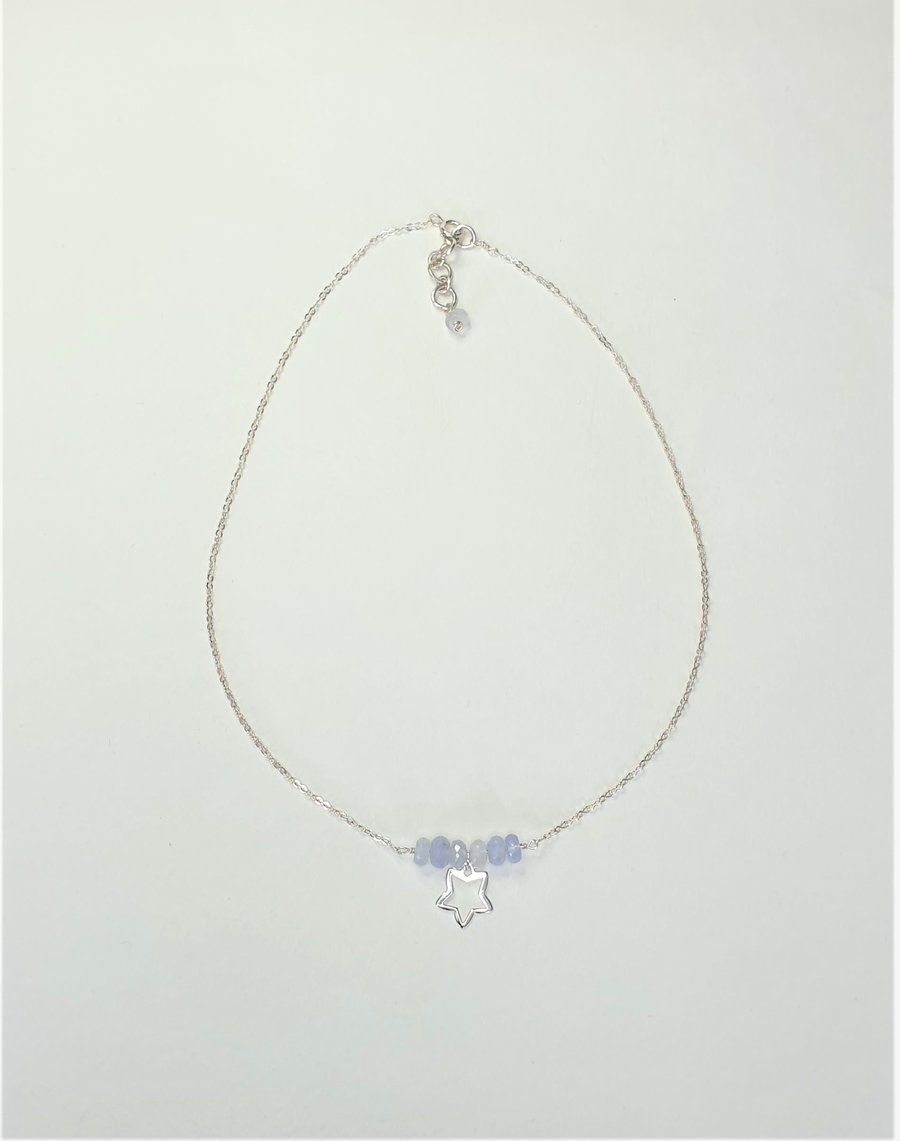 Natural Blue Chalcedony and Star Necklace with Sterling Silver, Choker Style 