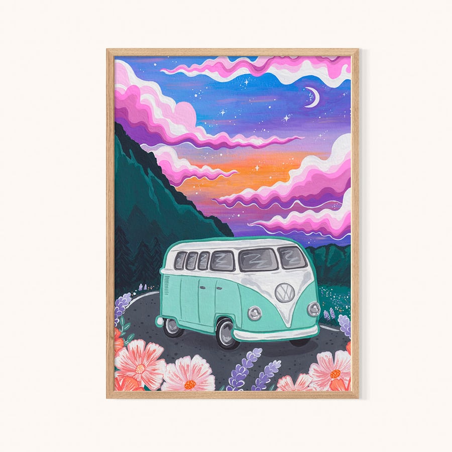 Blue Classic Camper Van Art Print, T1 Campervan, VW