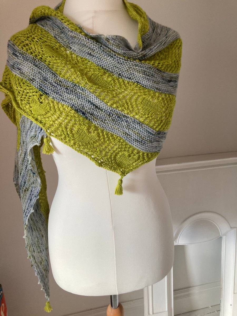 Hand knitted green and grey hearts wrap