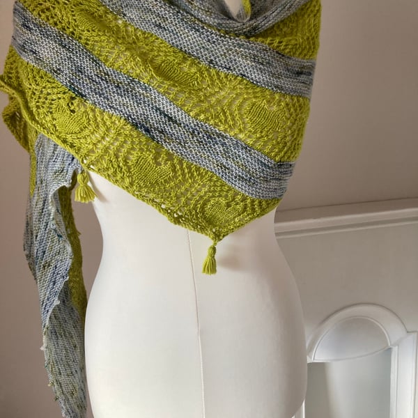 Hand knitted green and grey hearts wrap