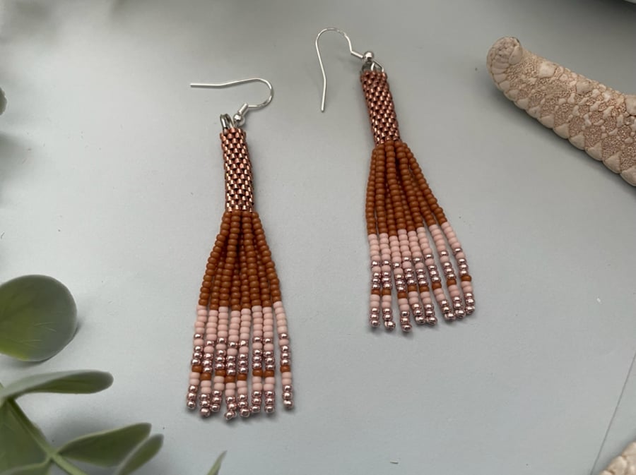 Pretty handwoven beaded fringe dangle earrings 